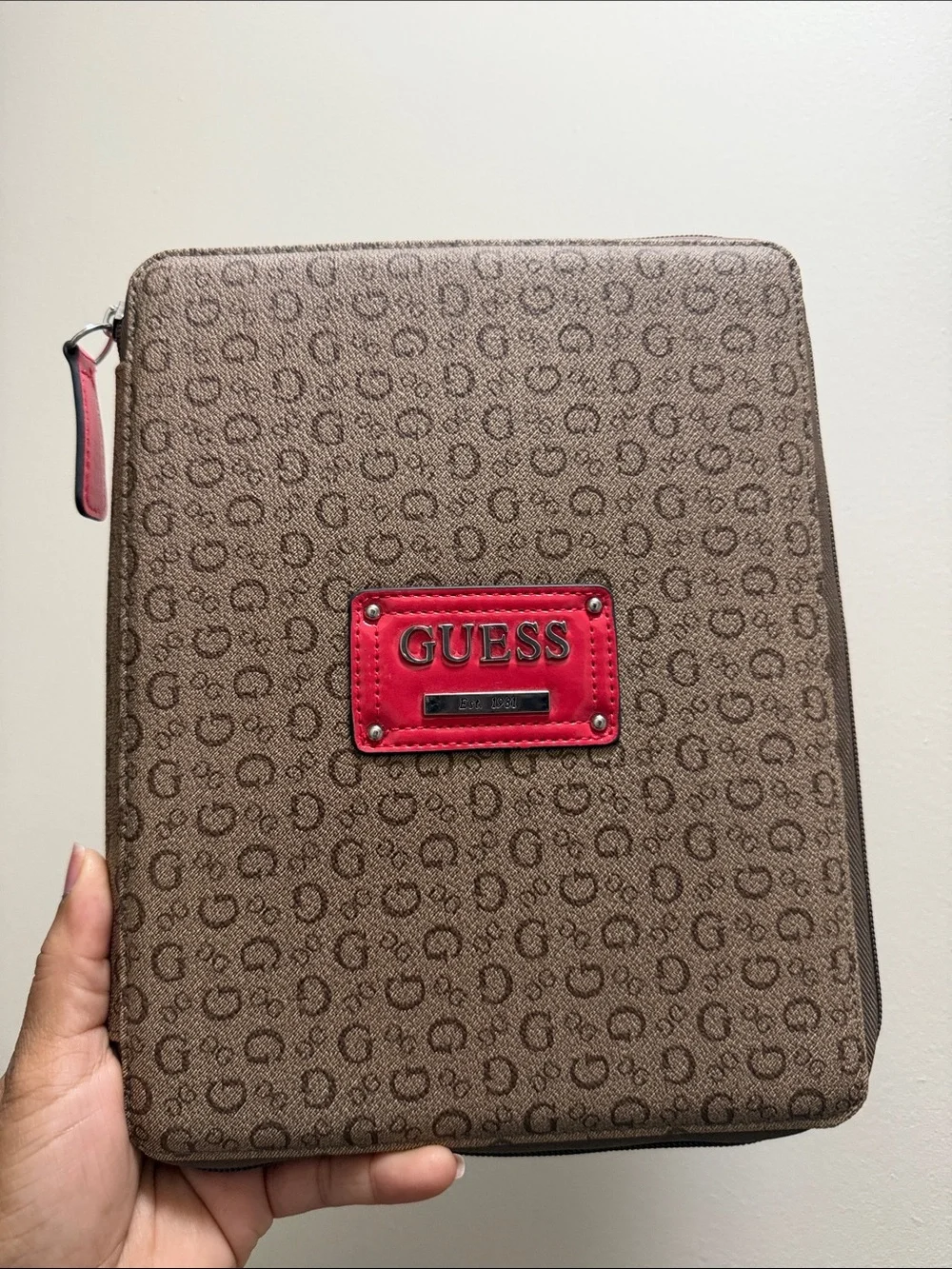 GUESS Brown Tablet Folio with Red Logo Accent